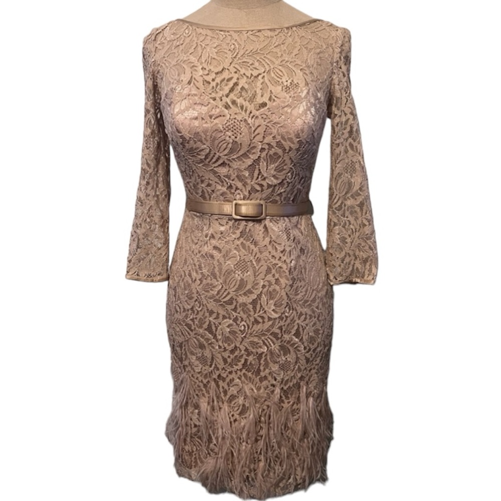 Theia Nude Lace and Feather Dress
